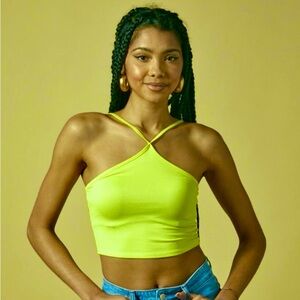 Neon Green Halter Cropped Tank Top - Size S